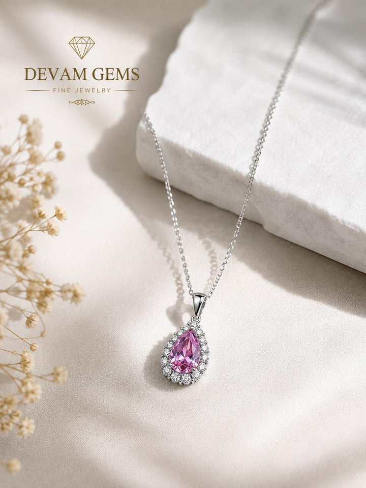 Pink Teardrop Crystal Pendant Necklace