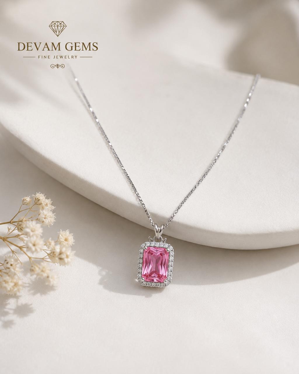 Elegant Pink Rectangular Crystal Pendant Necklace