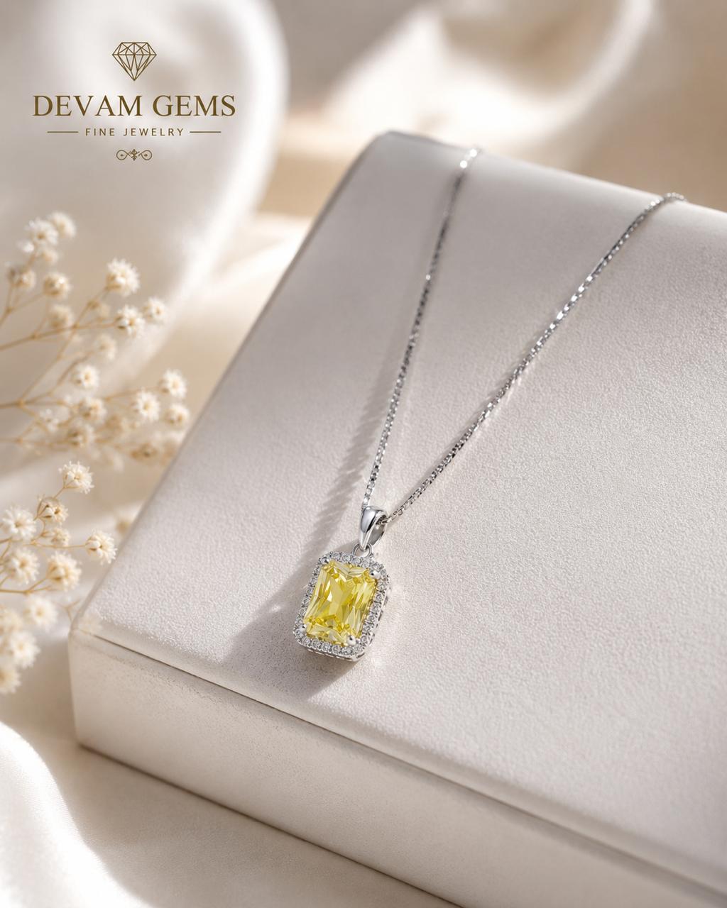 Elegant Yellow Rectangular Crystal Pendant Necklace