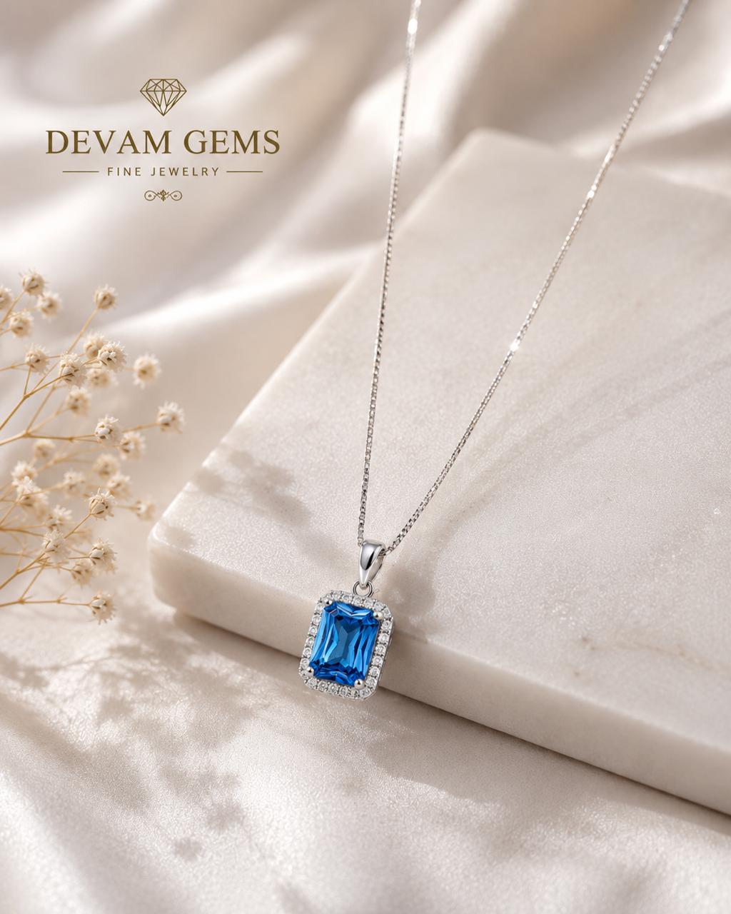 Elegant Blue Rectangular Crystal Pendant Necklace for Women