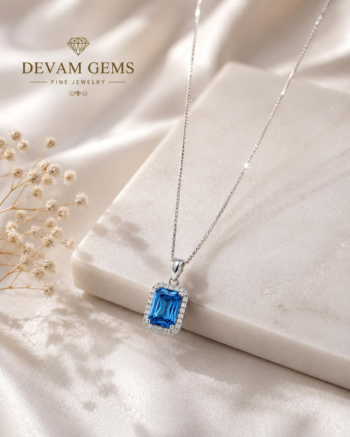 Elegant Blue Rectangular Crystal Pendant Necklace for Women