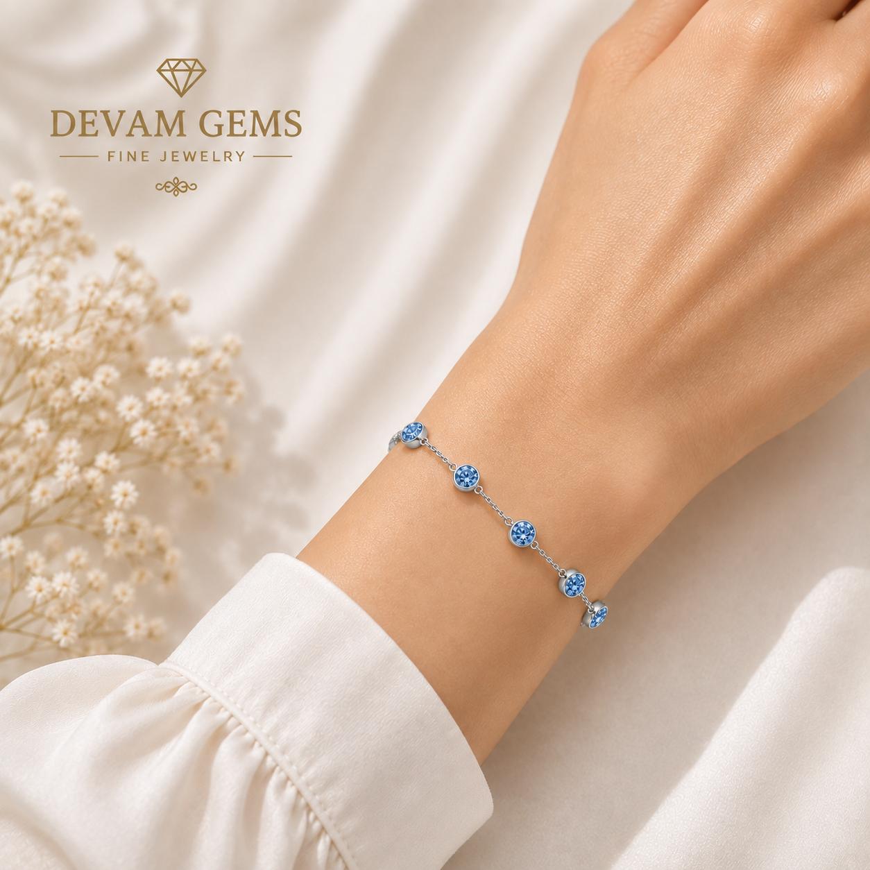 Elegant Blue Round Diamond Silver Bracelet