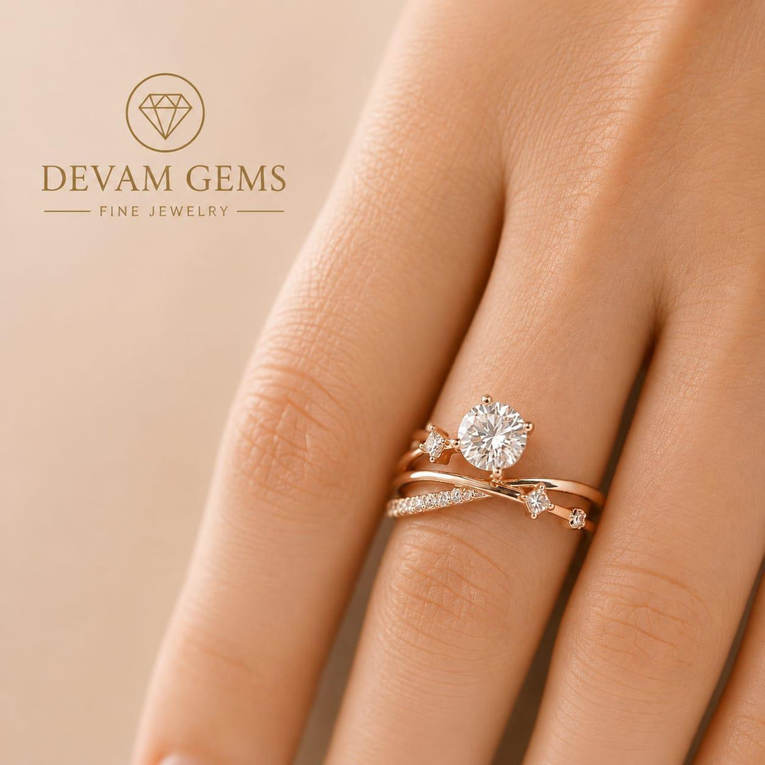 Solitaire Ring with Double Band & Sparkling Accents