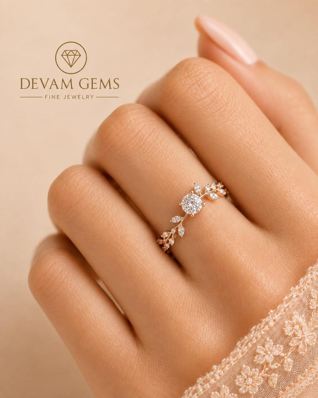 Elegant Floral Solitaire Ring with Leaf Design & Sparkling Stones
