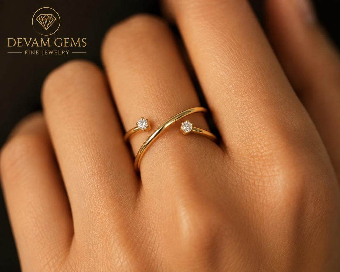 Elegant Gold Tone Open Adjustable Crystal Ring for Women