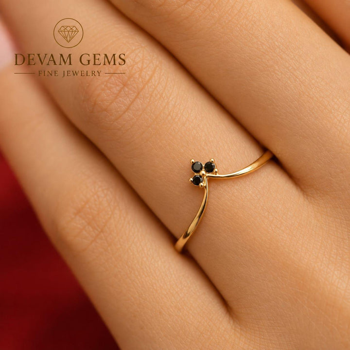 Elegant Gold Plated Black Stone Adjustable Open Ring for Women & Girls