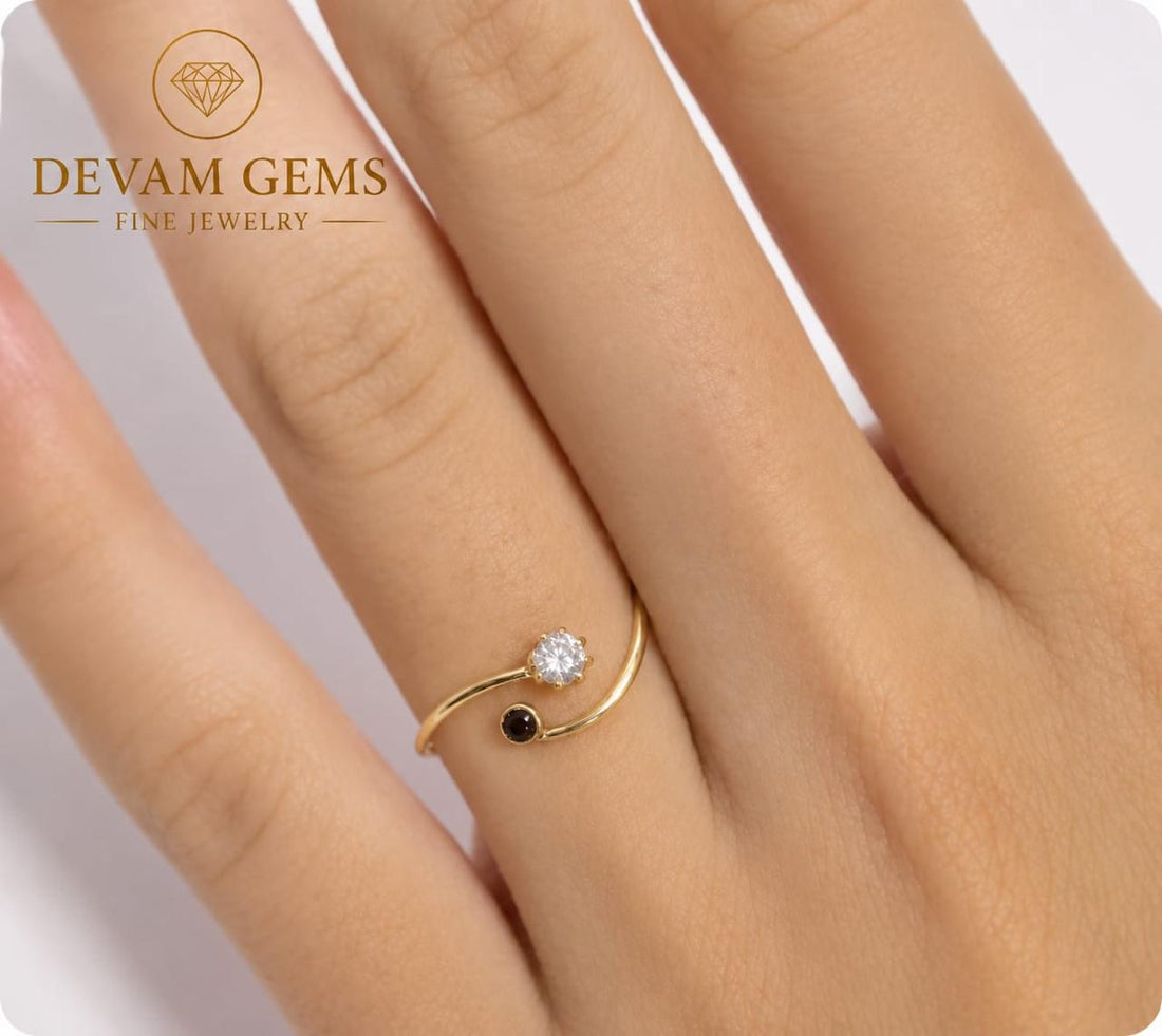 Elegant Gold Plated Adjustable Open Ring with White & Black Stone for Women & Girls