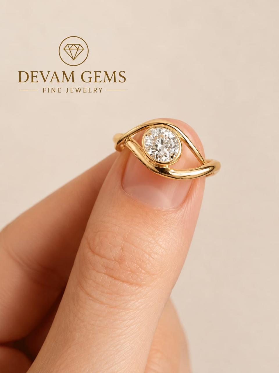 Elegant Gold Plated Eye Design CZ Ring for Women | Round Cut Sparkling Stone Statement Ring