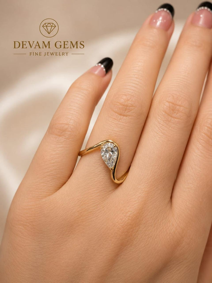 Gold Tone Pear Cut CZ Eye Design Ring for Women | Elegant Teardrop Crystal Statement Ring