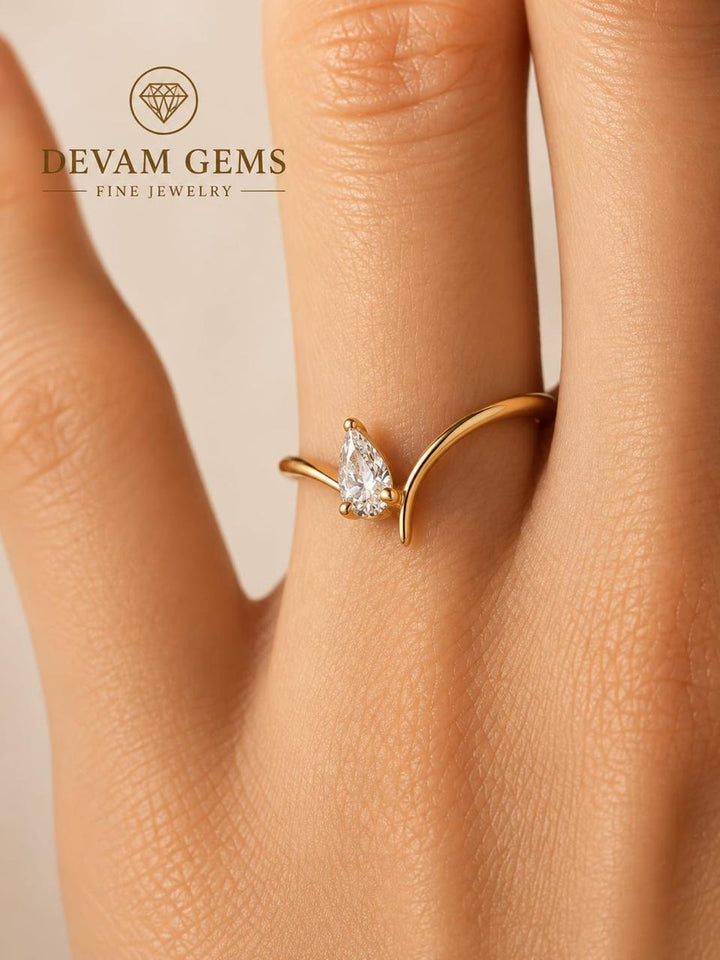 Gold Tone Pear Cut CZ Open Ring for Women | Elegant Leaf Design Adjustable Statement Ring