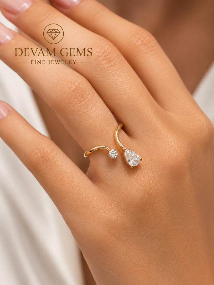 Gold Tone Double Stone Heart & Pear CZ Open Ring for Women | Elegant Adjustable Statement Ring
