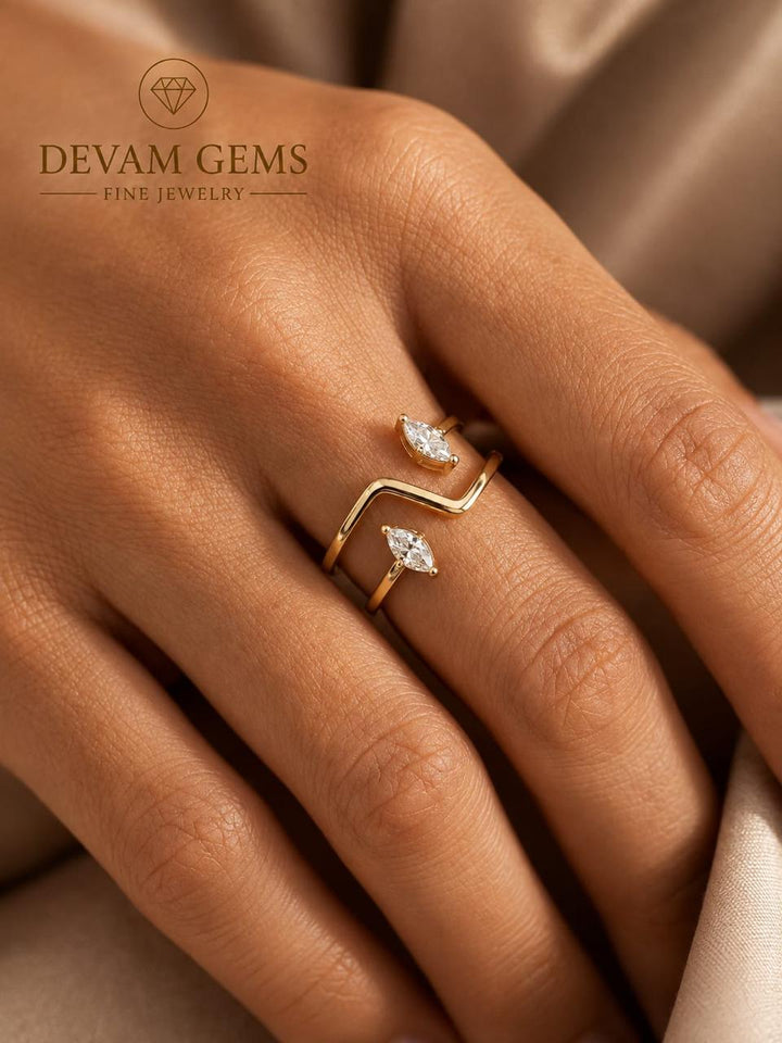 Gold Tone Marquise CZ Open Ring for Women | Double Stone Geometric Adjustable Statement Ring