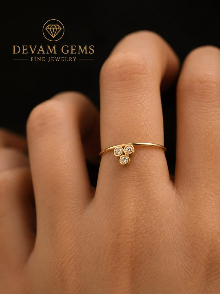 Gold Tone Triple CZ Minimalist Ring for Women | Elegant Dainty Three Stone Ring