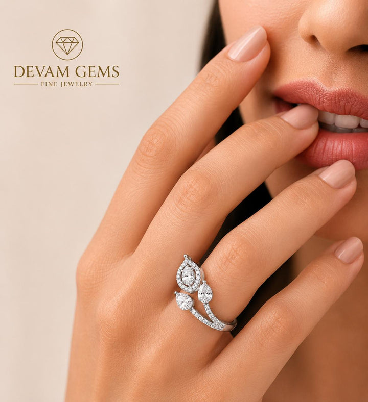 Silver Tone Elegant CZ Floral Ring for Women | Sparkling Adjustable Statement Ring