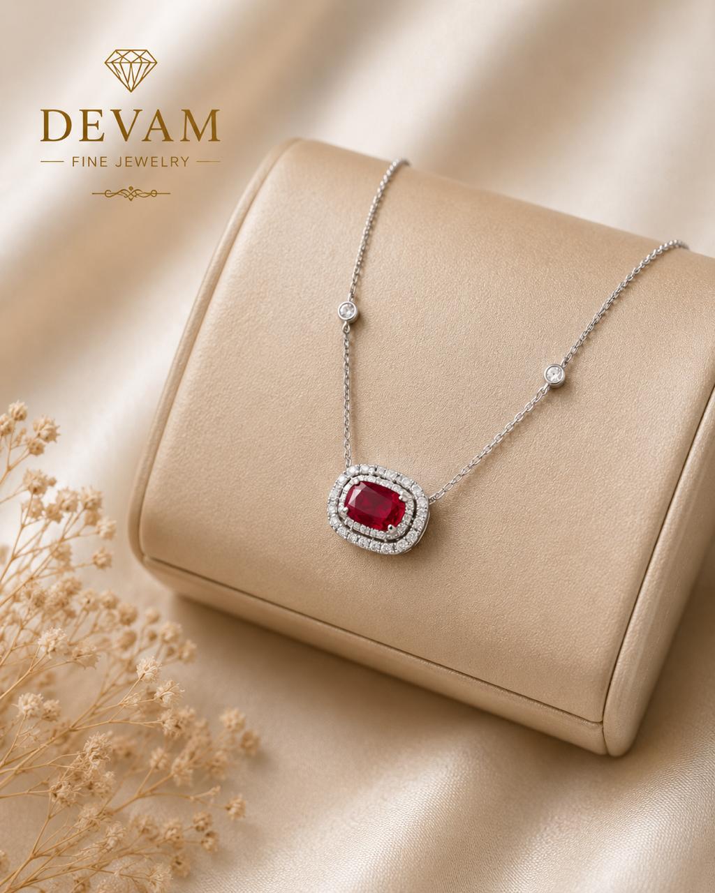Radiant Ruby Halo Pendant Necklace