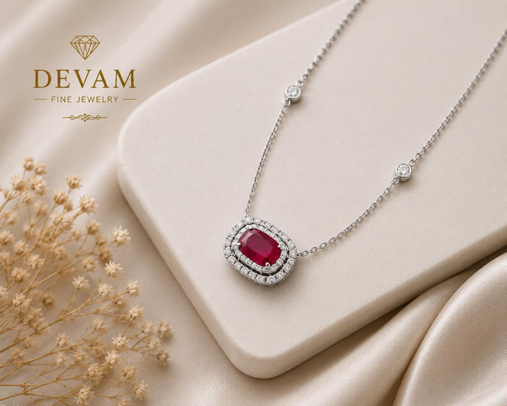 Radiant Ruby Halo Pendant Necklace