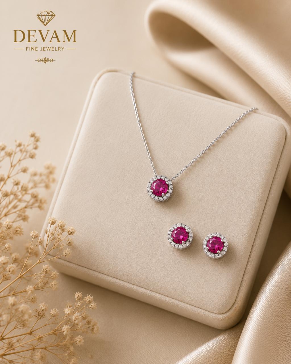 Pink Round Halo Pendant Set