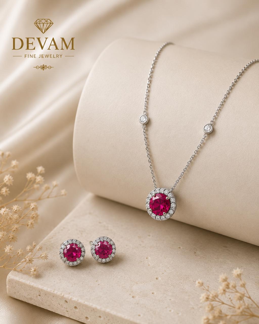 Pink Round Halo Pendant Set