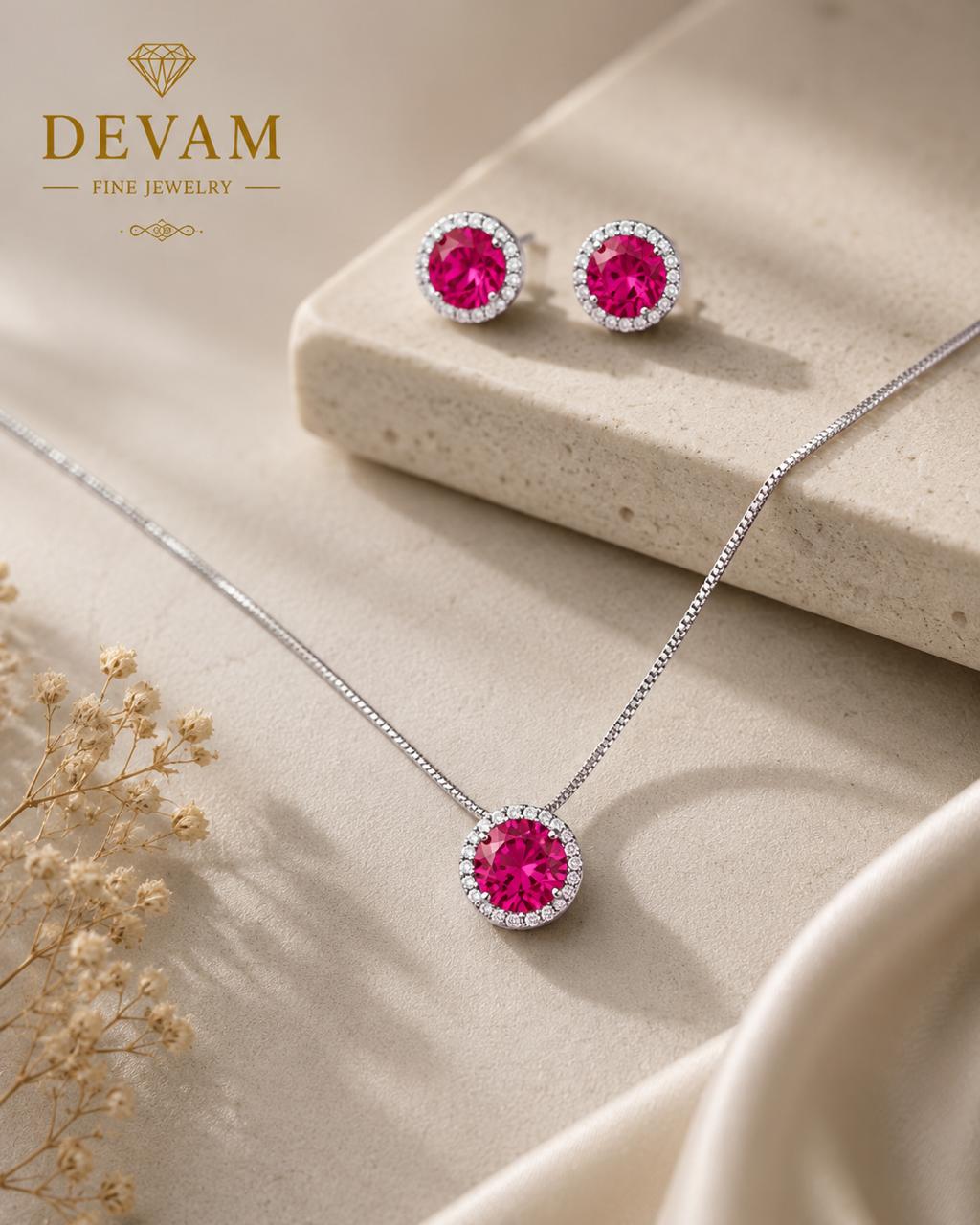 Pink Round Halo Pendant Set