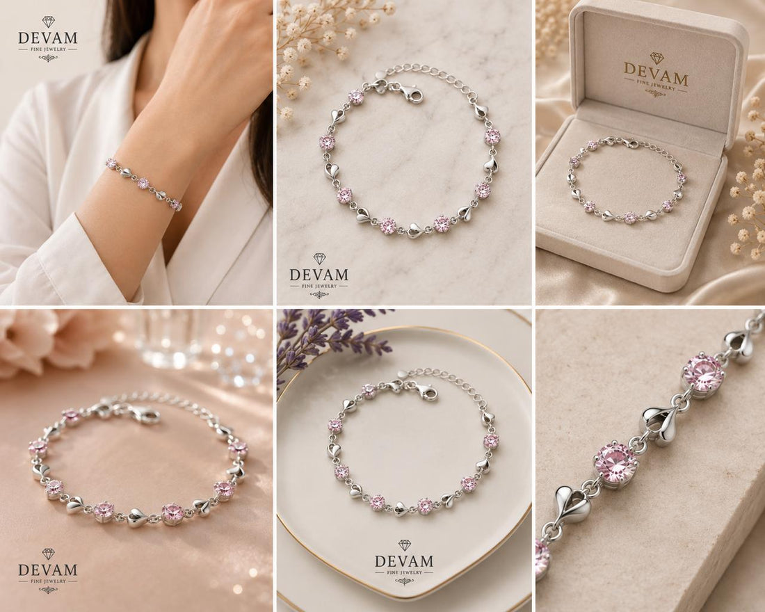 Devam Pink Heart Charm Bracelet – Sterling Silver Elegance