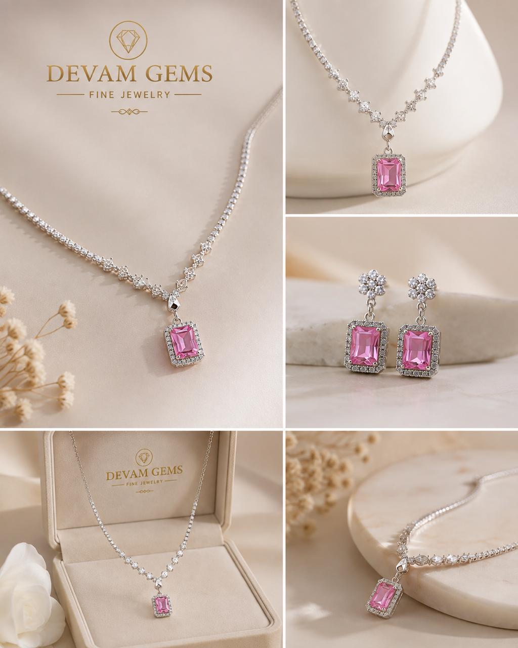 Elegant Pink Rectangle Crystal Necklace & Earrings