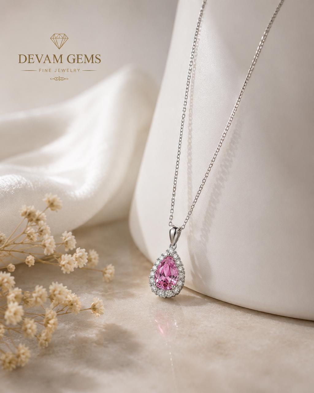 Pink Teardrop Crystal Pendant Necklace