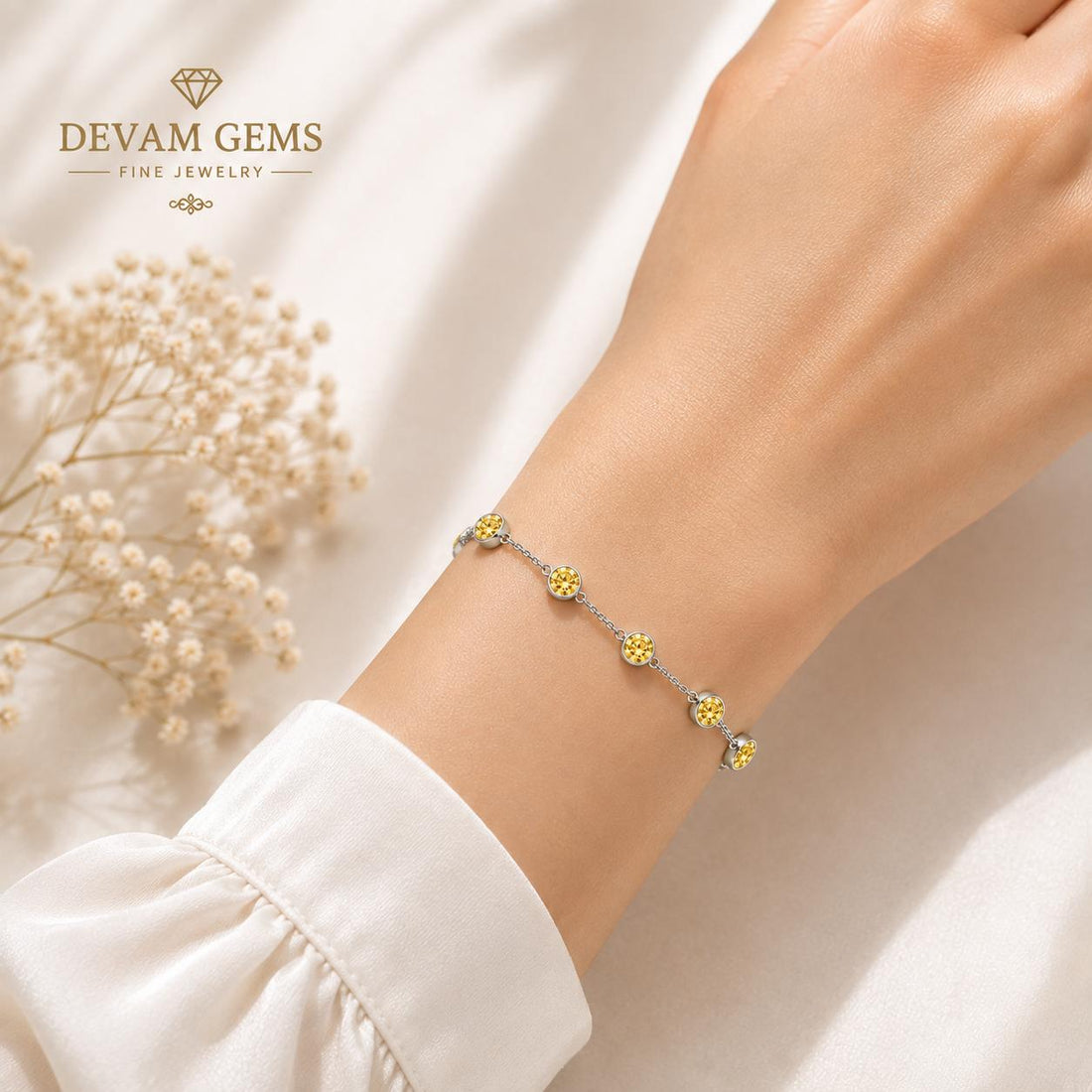 Elegant Yellow Crystal Beaded Chain Bracelet