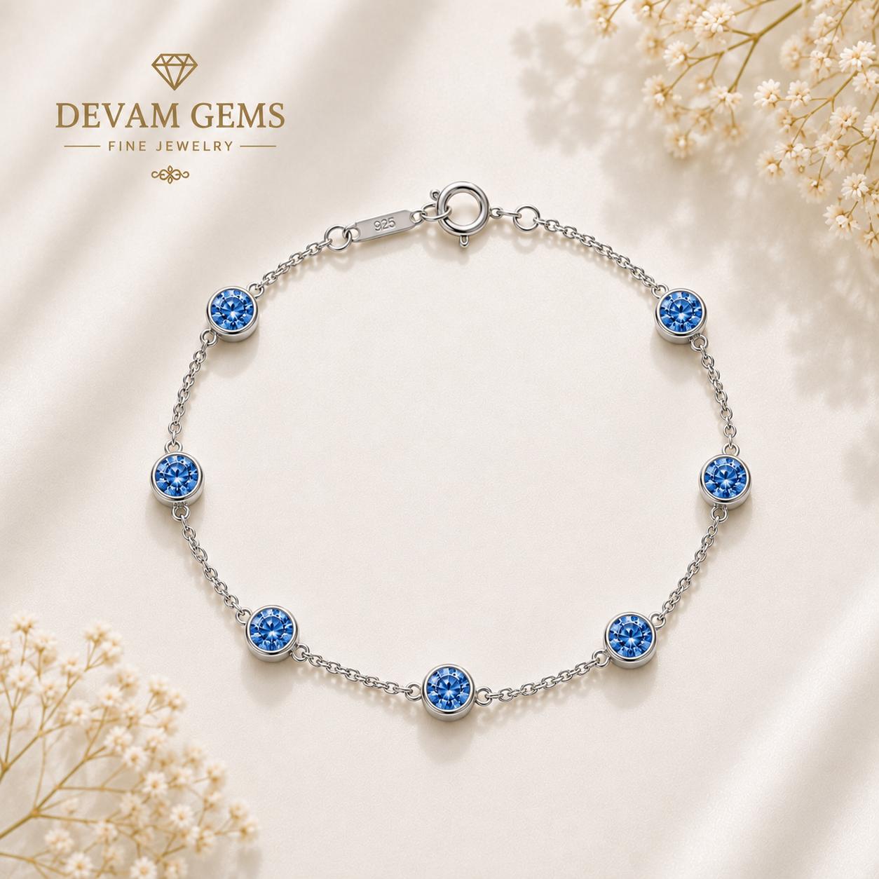Elegant Blue Round Diamond Silver Bracelet