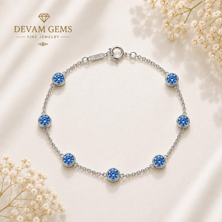 Elegant Blue Round Diamond Silver Bracelet